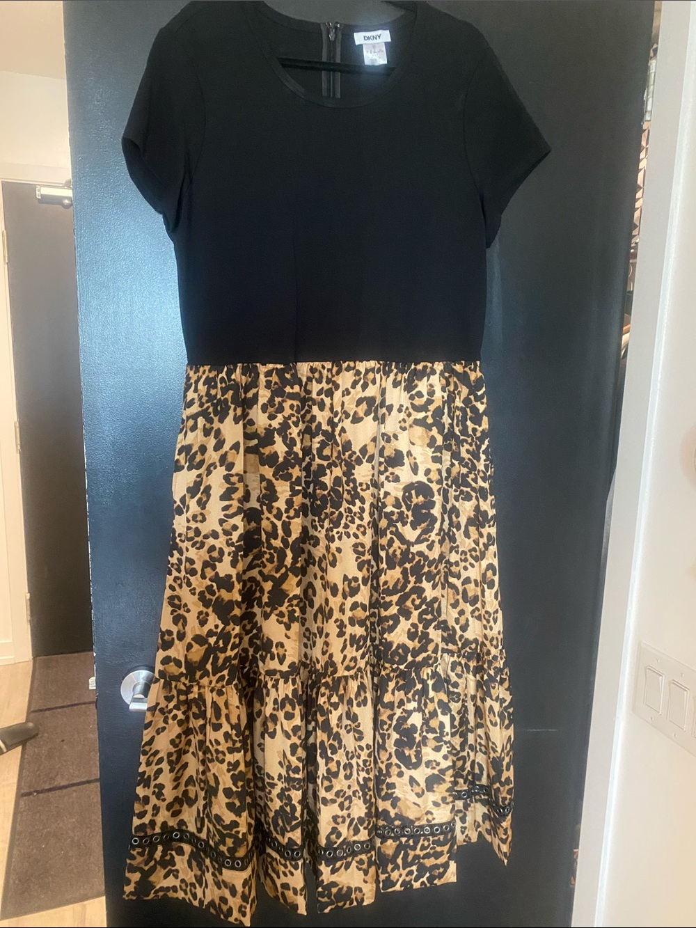 DKNY Black Top with Leopard Print Skirt Dress